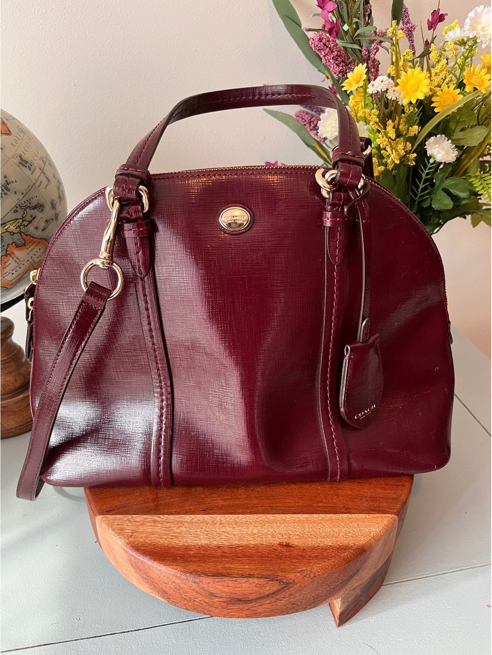COACH Burgundy Saffiano Leather Peyton Cora Domed Satchel & Crossbody Bag F25671 - Picture 1 of 16